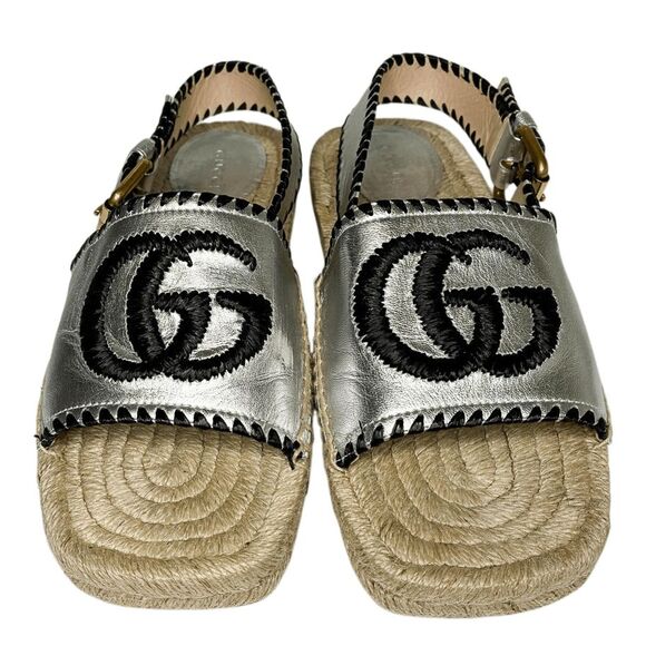 Gucci Pilar GG Espadrille Sandals EU 37 US 7 Metallic Silver Slingback Logo - Picture 5 of 14